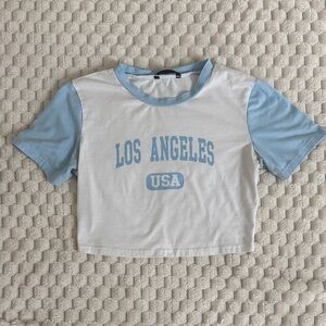 SHEIN Baby Blue and White Los Angeles Crop Top Tee (M)